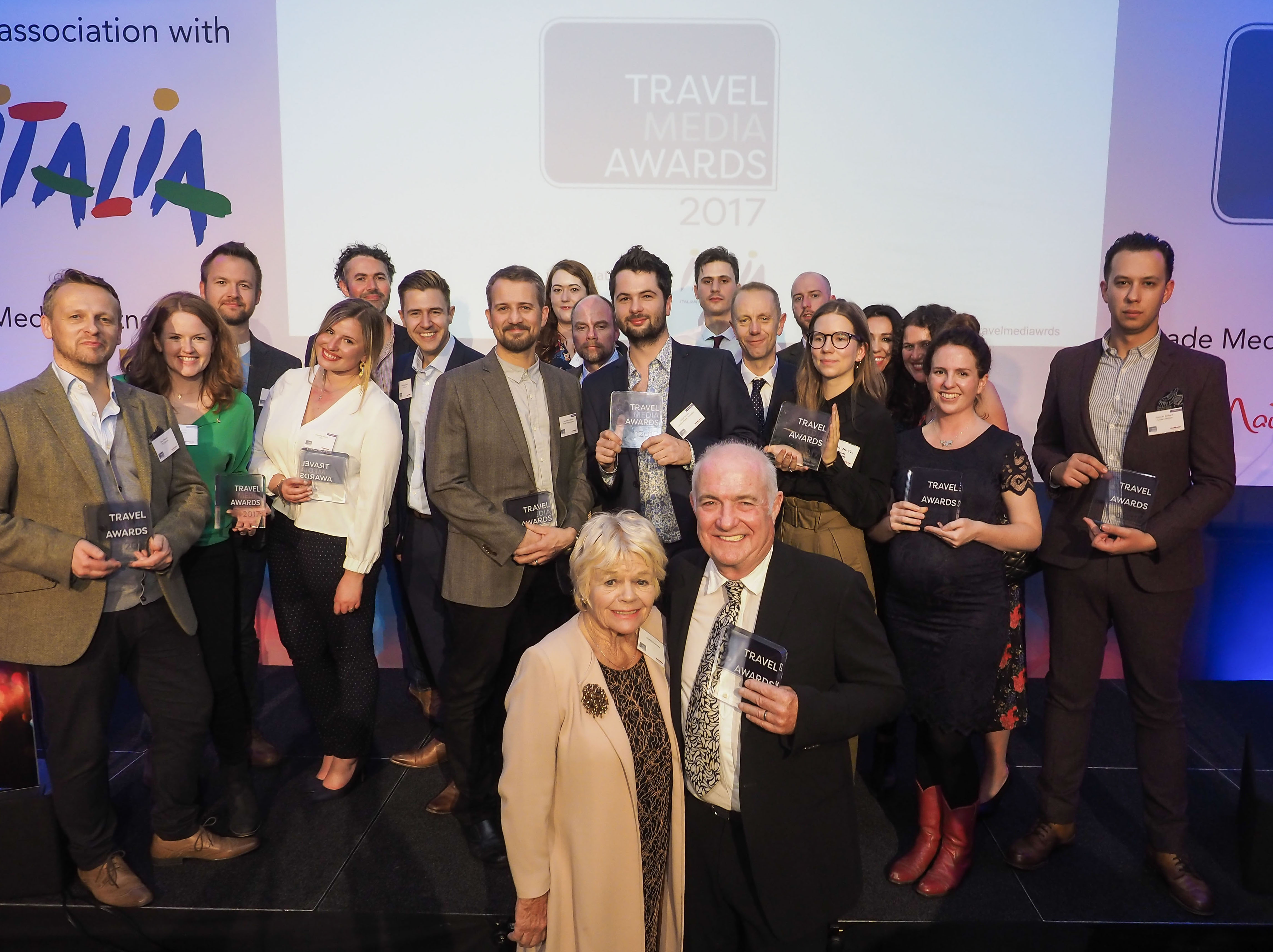 OLYMPUS DIGITAL CAMERA The winners of the Travel Media Awards 2017, along with Special Contribution Award recipient, Rick Stein OBE, and Judith Chalmers OBE