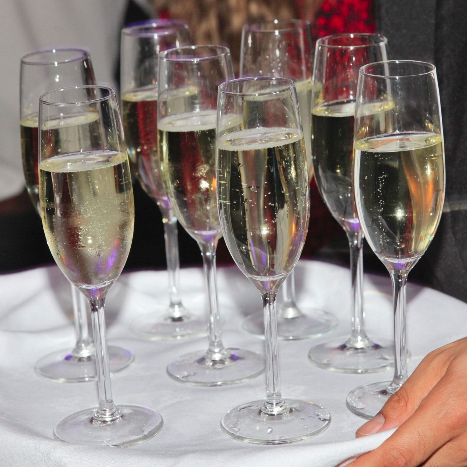 Champagne flutes on a tray at the Travel Media Awards 2019
