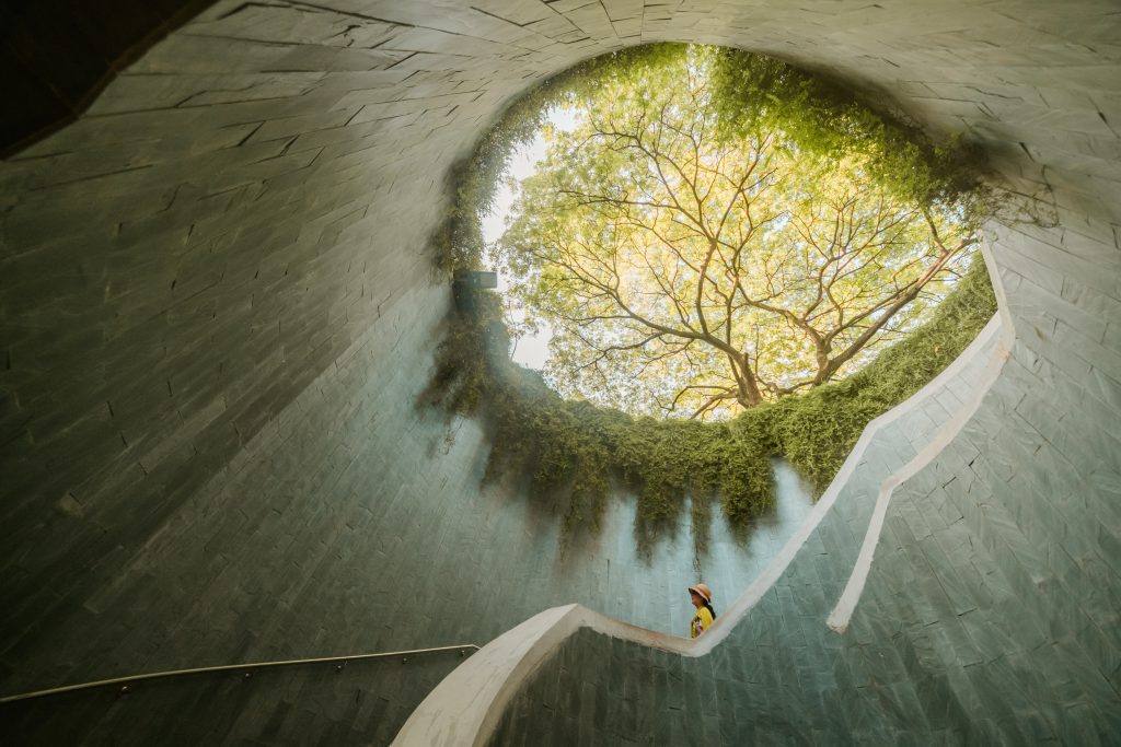 The interiors of a futuristic building shot from below, depicting a stone staircase and the open roof with views onto a tree.